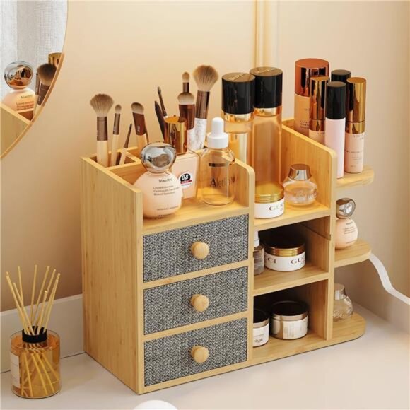 Makeup Organizer Countertop,Cosmetic Skincare Organizers With 3 Brush Holders - Picture 2 of 7
